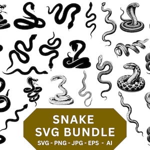 Op de afbeelding: Een verzameling zwart-wit slangenillustraties in verschillende poses, waaronder opgerold, glijdend en aanvallend. De afbeelding bevat een bruine banner met de tekst "SNAKE SVG BUNDLE" en bestandsinfo.