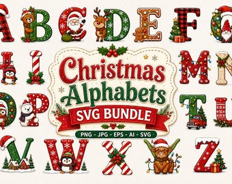 Christmas Alphabet SVG Bundle: Christmas Letter Clipart, Christmas Sublimation Letters, Digital Downloads