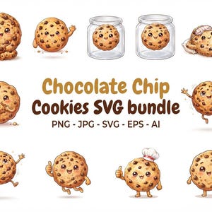 May include: A digital collection of chocolate chip cookie illustrations featuring various poses, including cookies in jars, sleeping, jumping, and wearing a chef hat, with the text Chocolate Chip Cookies SVG bundle PNG - JPG - SVG - EPS - AI.