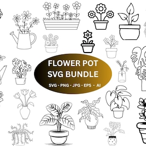 May include: Black and white line art illustrations of various flower pots and plants. The image includes pots of different shapes and sizes, with flowers and greenery. Text reads "FLOWER POT SVG BUNDLE".