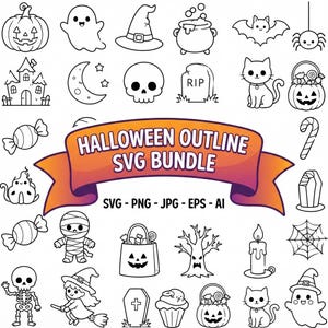 May include: A digital collection of black and white Halloween-themed line art icons featuring a pumpkin, ghost, witch hat, cauldron, bat, spider, haunted house, moon, skull, tombstone, cat, candy, mummy, tree, candle, web, skeleton, and witch.