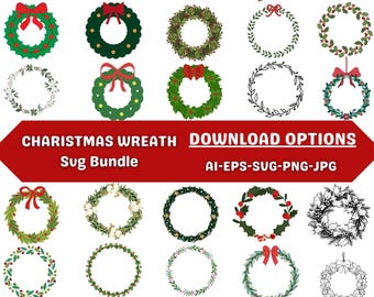 May include: A selection of Christmas wreath designs, featuring wreaths with red bows, berries, and foliage. The image includes the text "CHRISTMAS WREATH" and "DOWNLOAD OPTIONS". Formats include AI, EPS, SVG, PNG, and JPG.