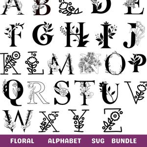 Könnte beinhalten: Schwarz-weiße florale Alphabetbuchstaben A bis Z. Jeder Buchstabe ist mit floralen Designs verziert. Das Bild enthält auch die Wörter "FLORAL ALPHABET BUNDLE" und Dateityp-Abkürzungen.