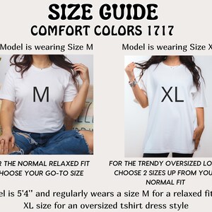 K&ouml;nnte beinhalten: Gr&ouml;&szlig;entabelle f&uuml;r Comfort Colors 1717 T-Shirts. Ein Model tr&auml;gt ein T-Shirt in Gr&ouml;&szlig;e M f&uuml;r eine lockere Passform und ein T-Shirt in Gr&ouml;&szlig;e XL f&uuml;r einen Oversize-Look. Das Model ist 1,63 m gro&szlig;.