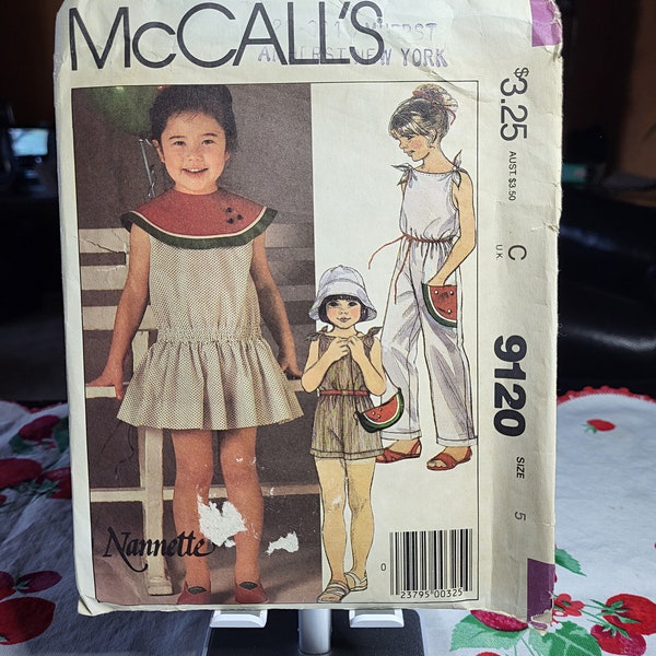 Vintage 1984 - McCALL'S 9120 -  Nannette Children's Dress, Jumpsuit, and Bag -  UNCUT and Factory FOLDED - Size 5