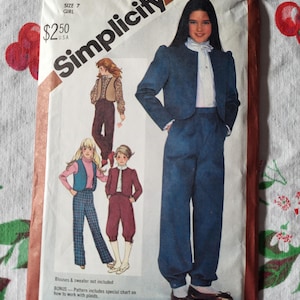 1982 Vintage SIMPLICITY Pattern 5626 - Girls&#39; Pants/Banded Pants, Knickers, Jacket & Reversible Vest - UNCUT and Factory FOLDED - Size 7