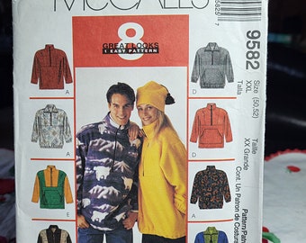 Vintage 1999 McCALLS Pattern 9582 - Unisex Pullover Top and Hat - UNCUT and Factory FOLDED - Size XXL (50, 52)