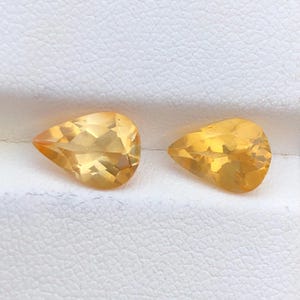 Può includere: Due gemme sfaccettate a forma di pera con una calda tonalità giallo dorato. Le gemme sono esposte su uno sfondo bianco, mostrando la loro chiarezza e brillantezza. Queste gemme sono probabilmente citrino, una scelta popolare per la gioielleria.