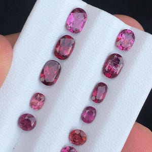 May include: A collection of oval and round gemstones in varying shades of pink and red, displayed on a white surface. The gemstones are faceted, showcasing their internal structure and brilliance. The arrangement highlights the different sizes and hues.