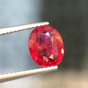 May include: A faceted, oval-shaped gemstone held by tweezers. The gem is a vibrant red color with internal inclusions and a polished surface. The light catches the facets, creating a sparkling effect. The background is a blurred neutral tone.