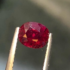May include: A deep red, oval-cut ruby gemstone held in metal tweezers. The gemstone displays multiple facets and internal inclusions. The background is a blurred, neutral tone. The ruby's colour is a rich, saturated red.