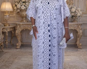 White  African Lace Kaftan | Elegant Boubou Dress with Headwrap