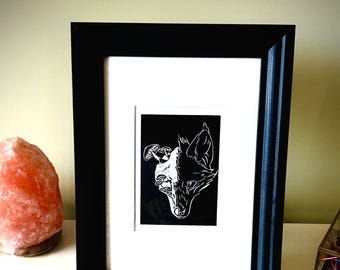 Impresión en linóleo de Zorro y Hongos: Arte de calaveras del bosque místico, edición limitada impresa a mano