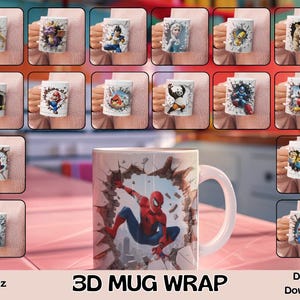 3D Cartoon Mug Wrap PNG | Classic Movie Characters | 11 oz Sublimation Wrap Bundle | Instant Digital Download for Gift Mugs