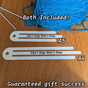May include: A craft kit featuring a ball of turquoise yarn, knitting needles, and two white stitch markers. The stitch markers, labeled A5 and A4, have the text "Can't Stop Won't Stop". The image also includes the text "Both Included!" and "Guaranteed gift success".