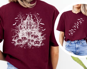 Halloween Haunted House Shirt, Spooky Pumpkin and Bats Shirt, Fall Halloween Shirt, Scary Haunted Mansion Tee, Spooky Season Shirt 353671