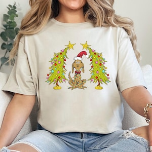 Whimsical Christmas Tree Shirt, With Dog Max Whoville Tree Shirt, Whimsical Green Star Tree Christmas Tree Shirt, Tee, 352312