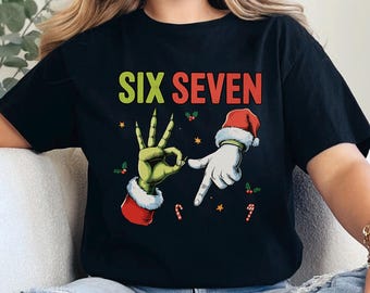 Six Seven Grinch And Santa Christmas Shirt, Viral 6 7 Meme Shirt, Funny Santa Hat Shirt, Social Media Humor Holiday Tee 354105