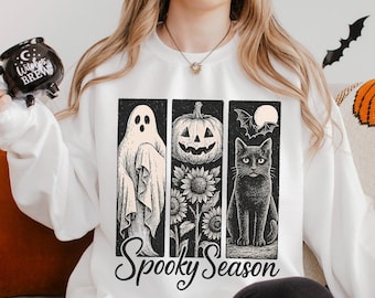 Spooky Season Cat Sweatshirt, Vintage Halloween Ghost Sweatshirt, Fall Pumpkin Hoodie, Halloween Spooky Season Crewneck 353669
