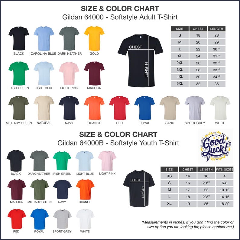 a chart showing the size and color of a t - shirt