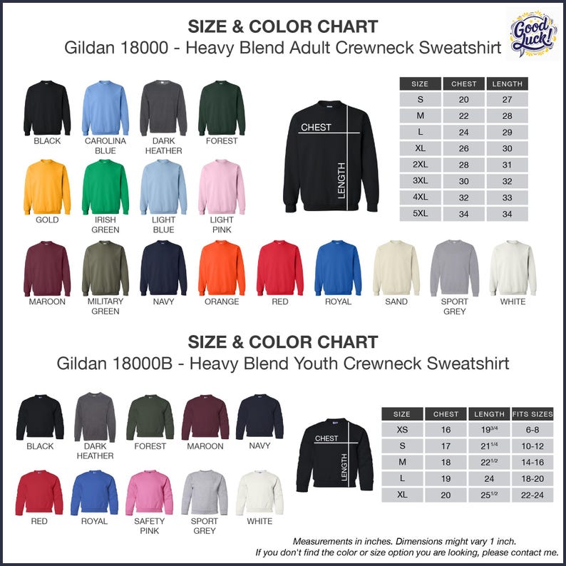 a chart showing the size and color of sweatshirts
