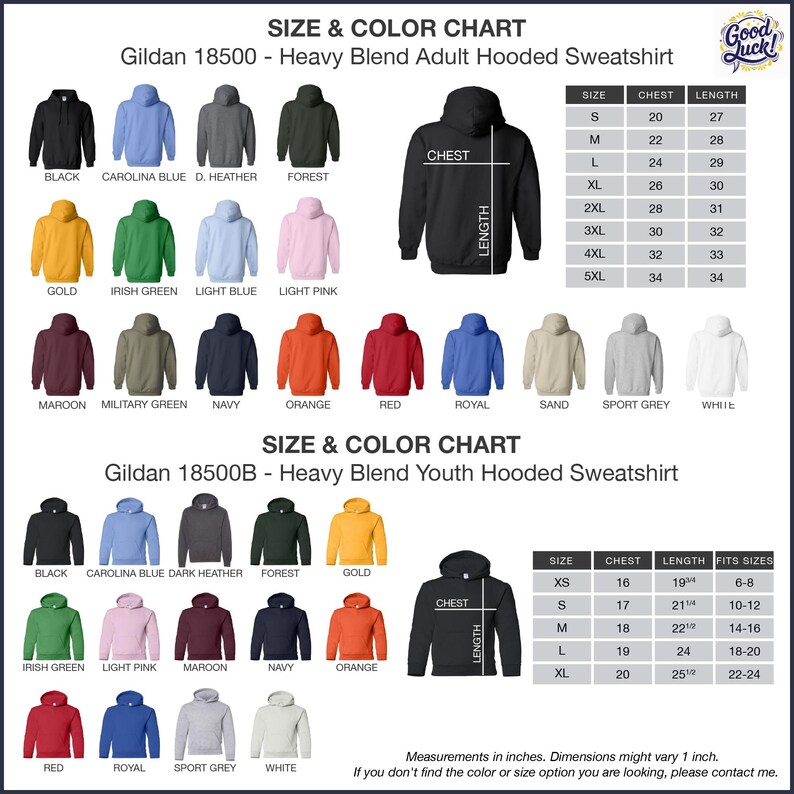 the size and color chart for a men's hoodie