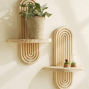 Handmade Boho Wooden Wall Shelves – Geometric Design, Natural Wood, Home & Plant Decor