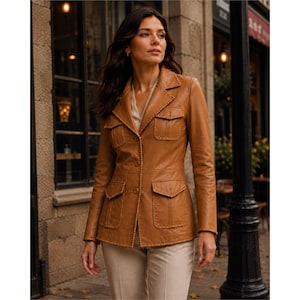 May include: A tan leather blazer featuring a notched lapel, three front buttons, and four patch pockets with flap closures. The jacket is detailed with decorative whipstitch trim along the edges, pockets, and seams, paired with light beige trousers.