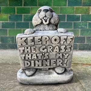Cement bunny with sign decor Concrete funny rabbit statue Stone pet figurine Garden sculpture Handmade rabbit decoration Bunny lover gift