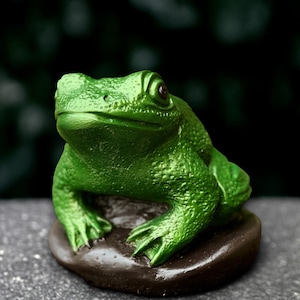 May include: A glossy green frog figurine with detailed skin texture, sitting on a small, dark brown base. The frog has large eyes and is posed in a relaxed position. The background is a blurred dark green.