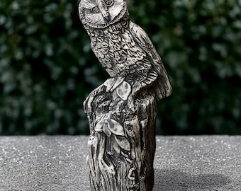 Concrete large owl figurine Stone garden owl statue Cement bird sculpture Outdoor woodland decor Wise animal ornament Realistic bird decor