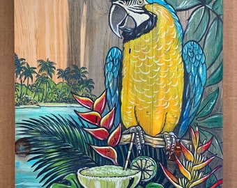 Tropical Blue and Gold Macaw : Original Acrylic Painting on wood board 22"X14.5"