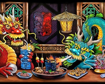 Tiki Art Asian Dragons "Pupu Party" Fine Art Print