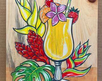 Tropical Pina Colada : Original Acrylic Painting on wood board 10"X12"