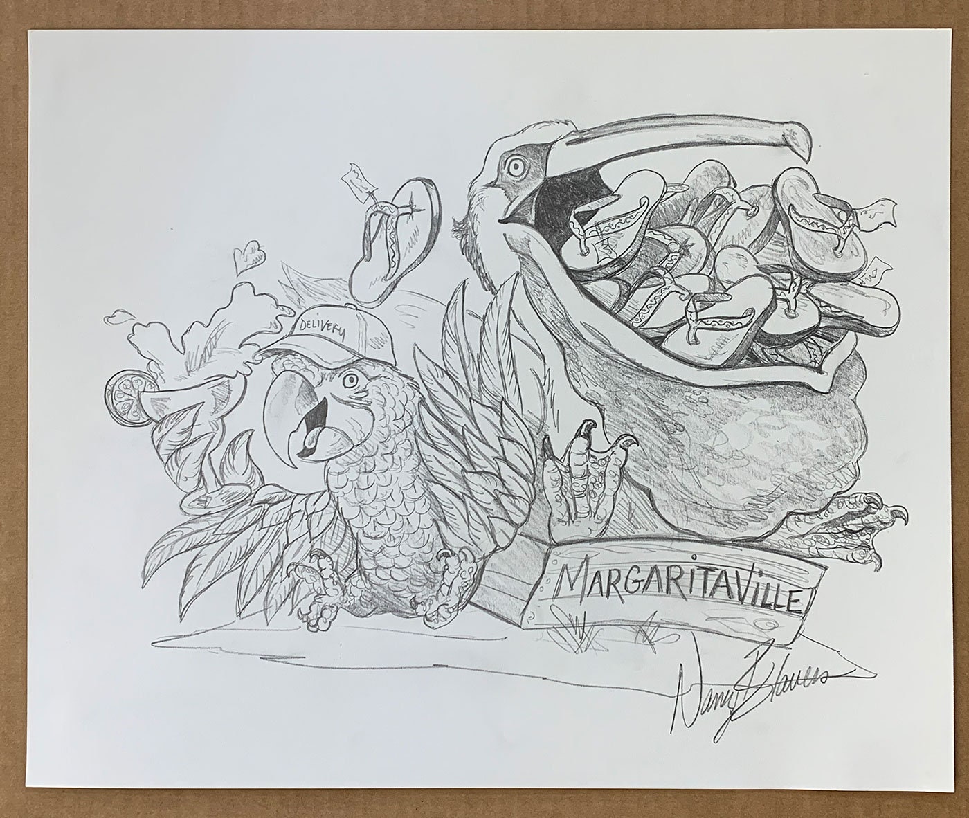 Dibujo original de Margaritaville "Bosquejo del personaje de entrega de Flip Flop"