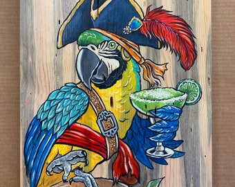 Pirate Parrot : Original Acrylic Painting on wood board 24"X15"