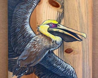 In Flight-Brown Pelican : Original Acrylic Painting on wood board 15"X24"