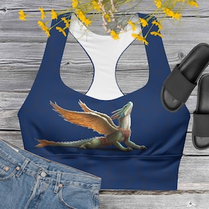 Recycled Longline Sports Bra with Egyptian Dragon Yoga Design, Supportive Compression Top for Workout & Streetwear, Eco-Friendly Gift