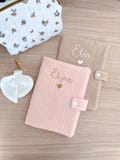 Personalized baby health record book cover – Handmade in cotton gauze – Baby gift with embroidered iron-on name