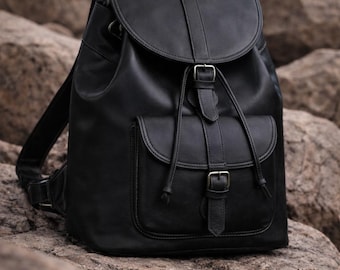 Handmade Black Full Grain Leather Backpack – White Stitch Rucksack