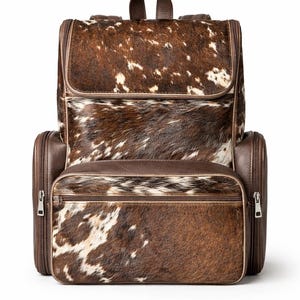 Handmade Genuine Cowhide Backpack | Brown & White Spotted Leather Backpack | Large Western Rucksack with Pockets.