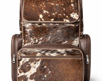 Handmade Genuine Cowhide Backpack | Brown & White Spotted Leather Backpack | Large Western Rucksack with Pockets.