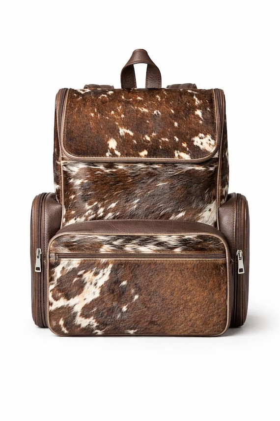 Handmade Genuine Cowhide Backpack | Brown & White Spotted Leather Backpack | Large Western Rucksack with Pockets.