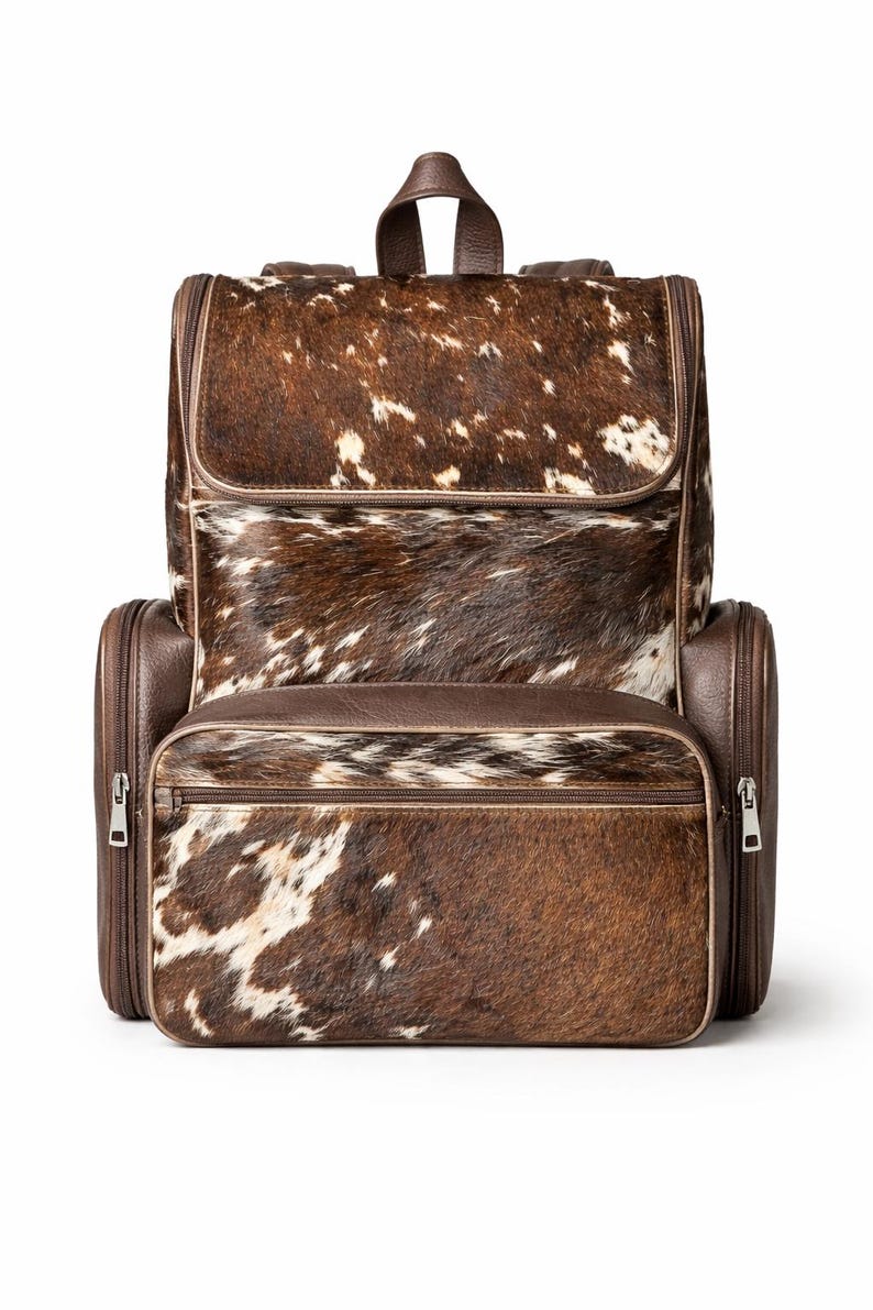 Handmade Genuine Cowhide Backpack | Brown & White Spotted Leather Backpack | Large Western Rucksack with Pockets. image 1