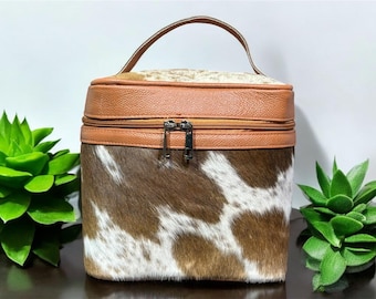 Handmade Cowhide Makeup Bag, Cosmetic Bag | Tan & White Leather Western Style Vanity Box