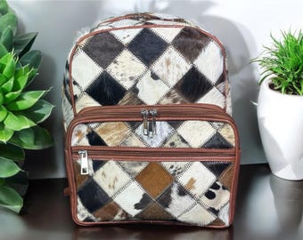 Handmade Cow Hairon Leather Backpack: Rustic Patchwork Bag