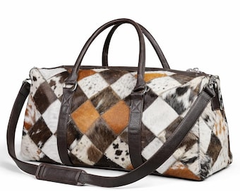Genuine Cowhide Patchwork Duffel Bag | Hair On Leather Travel Weekender Bag