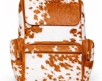 Handmade Genuine Cowhide Backpack | Tan & White Spotted Leather Backpack | Large Western Rucksack with Pockets.