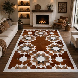 May include: A rectangular area rug featuring a geometric patchwork design in shades of brown, white, and gray. The pattern consists of repeating star and diamond shapes constructed from individual leather panels with a smooth, flat-pile texture.