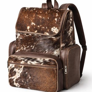 Handmade Genuine Cowhide Backpack | Brown & White Spotted Leather Backpack | Large Western Rucksack with Pockets. image 3